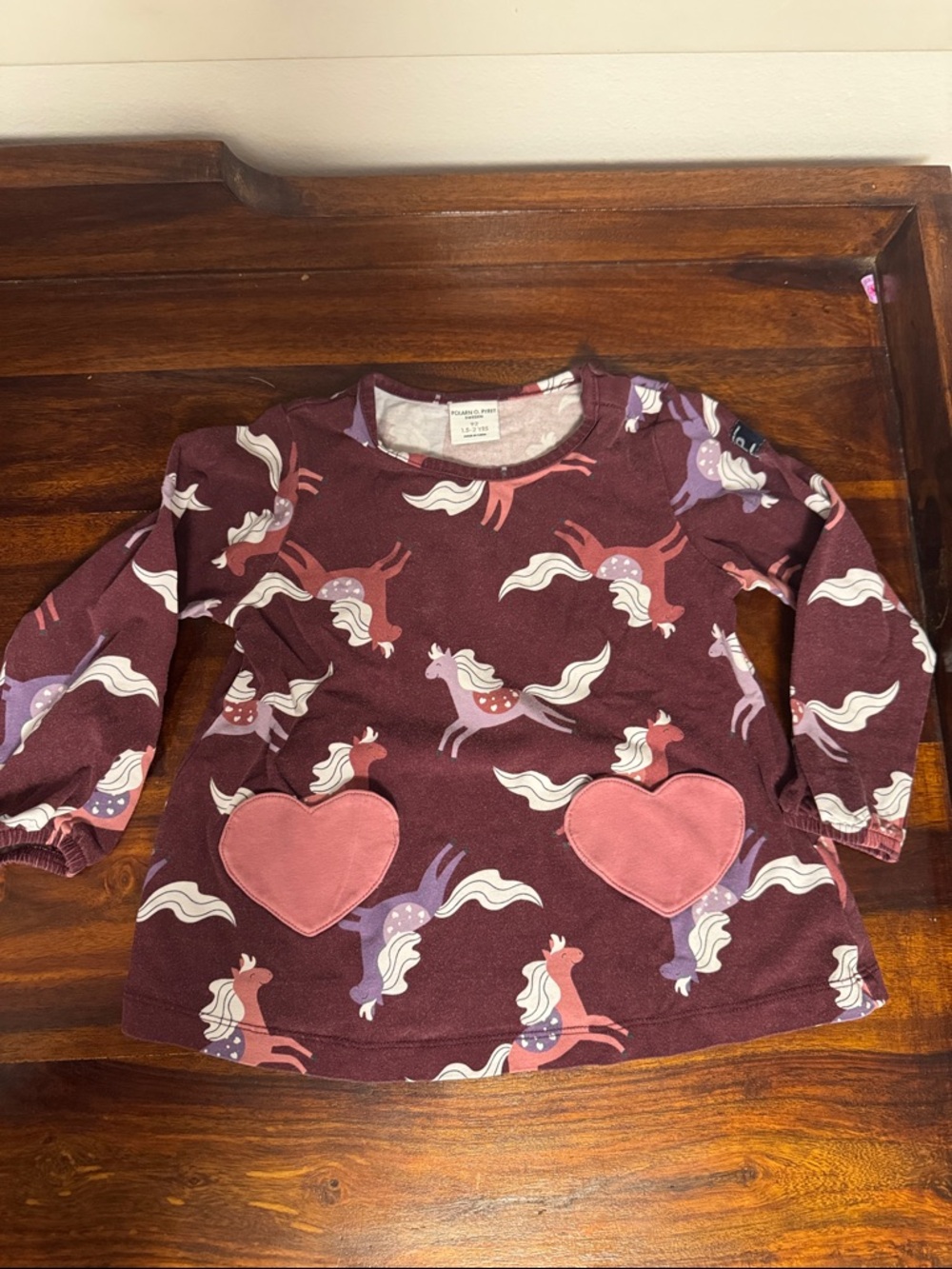 Polarn O. Pyret Maroon Unicorn Long Sleeve Top with Pink Heart Pockets 1.5-2 YRS